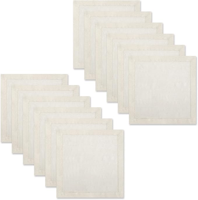 Genuine Linen Napkins - Set of 12 Cloth Napkins with Hemstitch Detail - Hand Crafted Pure Luxury Linen Reusable Lunch Dinner Napkin - Fall Summer Holiday Table - Large 18x18 - Ivory - COTTON CRAFT