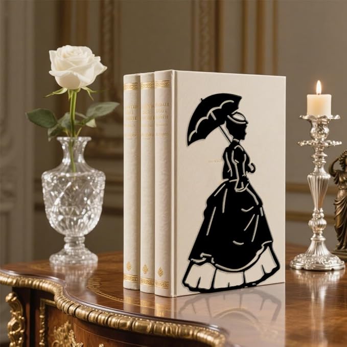 Peacoblue Metal Bookends for Shelves, Victorian Woman Modern Decorative Heavy Duty Study Book Ends Stoppers for Office, Desk, Shelf, Room Cast Iron Simple Tall Bookends 1 Pair