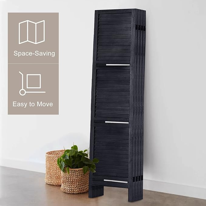 Room Divider with Shelves, Privacy Screen, Room Dividers and Folding Privacy Screens, 6 Panel Wood Temporary Wall Partition Separation Separator, Black