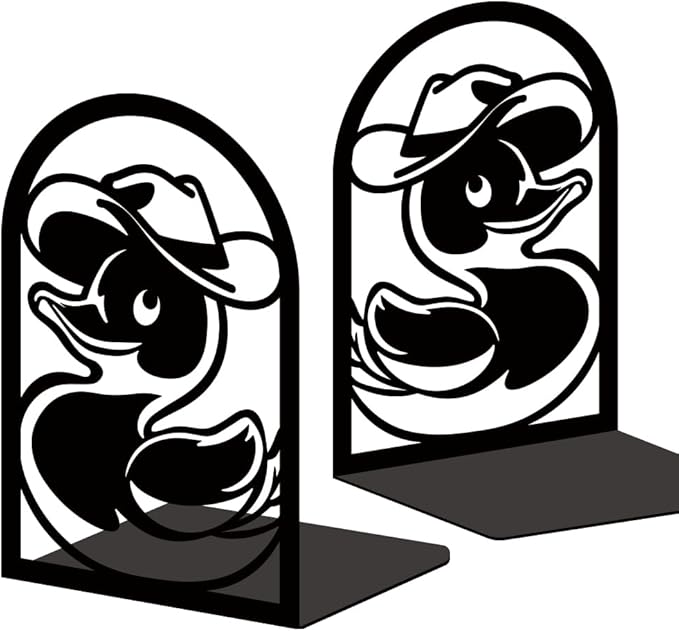 INFUNLY 1 Pair Metal Book Ends for Shelves Cartoon Duck Heavy Duty Bookshelf Holder Stand Black Book Stopper Support for Desktop 7.1x4.7x3.5 for Home Office Library School Kitchen Decor