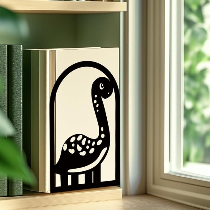 INFUNLY 1 Pair Metal Book Ends for Shelves Dinosaur Heavy Duty Bookshelf Holder Stand Black Book Stopper Support for Desktop 7.1x4.7x3.5 for Home Office Library School Kitchen Decor
