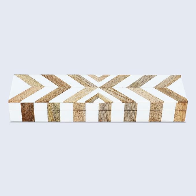 Handicrafts Home White Decorative Storage Box with Lid Wood Entryway Organizer Key Holder Box Console Table Storage for Hallway – Resin Inlay Marquet Chevron Collection - 10x2.5x1.5