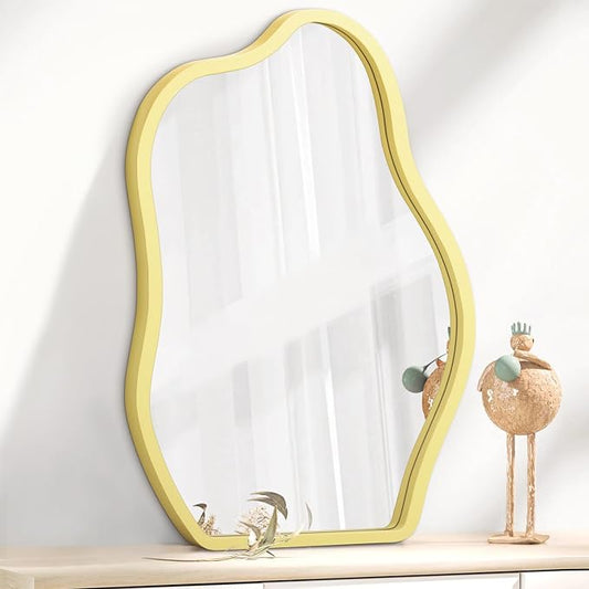 Yellow Irregular Wooden Framed Mirror Hanging Asymmetrical Mirror for Wall Modern Wall Mirror Unique Shape Decorative Vanity Bathroom Living Room Bedroom Entryway Hallway Artistic Large Mirrors