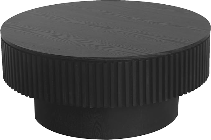 φ31.5 Round Coffee Table with Storage, Wood Veneered Pedestal End Table for Living Room, Modern Contemporary Circle Fluted Drum Side Table for Small Space - ø31.5" x 14"H Black