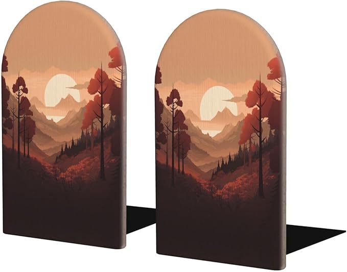 Mountain Landscape L-Shaped Book Ends 1 Pair Wood Bookends Book End Supports for Heavy Book Shelf Holder Home Decorative