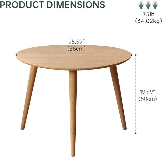 Small Oval Coffee Table, Mid Century Modern Coffee Table for Living Room, 100% Solid Oak Wood Side Table End Tables for Home (Original Wood Color, 25.59''x17.51''x19.68'')