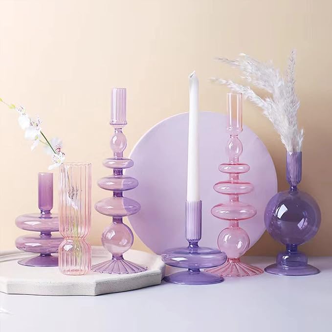 Glass Candlestick Holders Colorful Glass Taper Candle Stand Modern Elegant Candle Stick Candle Holder Glasses Vase Decor for Home Party Centerpiece(Pink A)