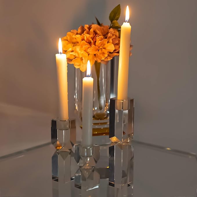 Crystal Candle Holders Set of 3, Clear Taper Candle Holder Decor, Table Centerpieces for Home Party and Wedding Decoration(3.9''/5.9''/7.9'' Height)