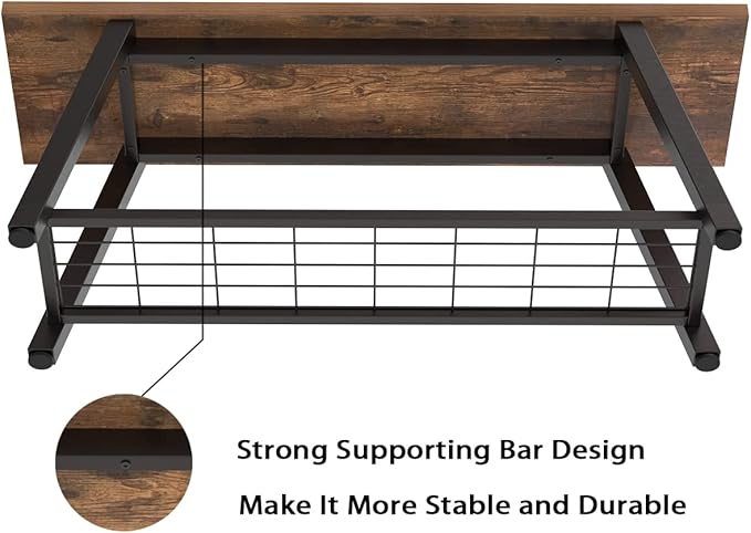 Oastreeful Storage Bench Industrial Rustic Wooden and Metal Entryway Shoe Boots Storage Rack Long Bench Seat for Hallway Bedroom Retro Brown Farmhouse Style