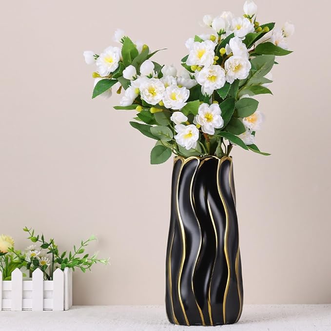 11.5" Black Ceramic Vase - Minimalist Black and Gold Flower Vase, Large Pampas Grass Vase, Boho Decorative Centerpiece Vase for Home Decor, Wedding, Housewarming, Table, Shelf, Mantel, and Entryway