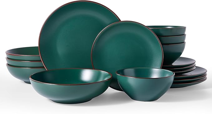 Famiware Venus 16-Piece Stoneware Dinnerware Set with Pasta Bowls for 4, Plates and Double Bowls with Trim for Everyday & Formal Use, Chip Resistant Dishes, Microwave/Dishwasher Safe, Matte Dark Green