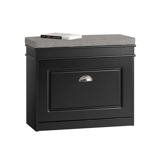 SoBuy Tiny Shoe Storage Bench, Narrow Shoe Cabinet for Entryway, Small Shoe Rack with Cushion&2 Tiers Flip-Drawer, Closet Hallway Mudroom White FSR82-K-SCH