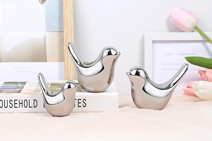 LAIDANLA Small Birds Statues Silver Modern Style Home Decor Birds Small Animal Sculpture for Living Room Office Desktop Shelf Coffee Table Bedroom（2pcs）