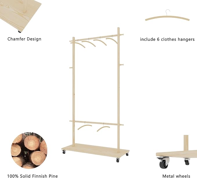 CHANCEE Solid Wood Garment Rack with 6 Wooden Hangers, Adjustable Shelf and Wheels, Space-Saving Clothes Drying Rack for Bedroom, Living Room, or Entryway
