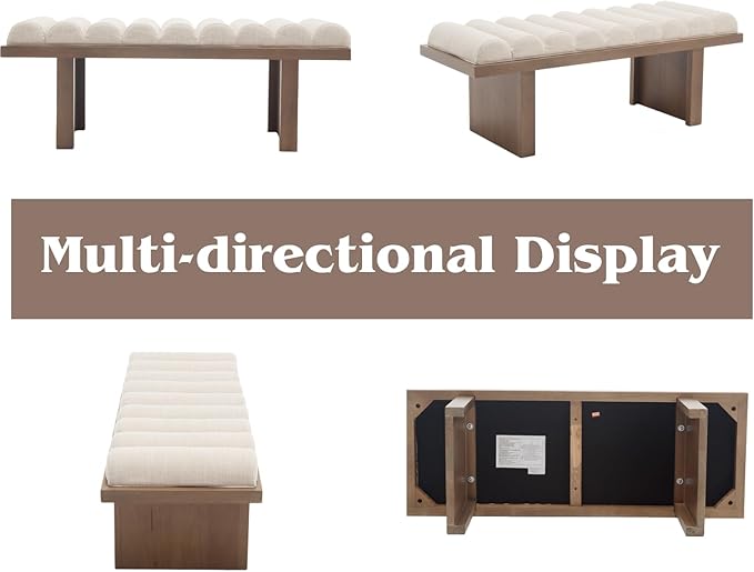 HEAH-YO Modern Bedroom Bench,47 Inches Upholstered Entryway Bench for Bedroom End of Bed with Cylindrical Cushion/Brown Wood Leg,Window Ottoman for Living Room Hallway,Linen Beige