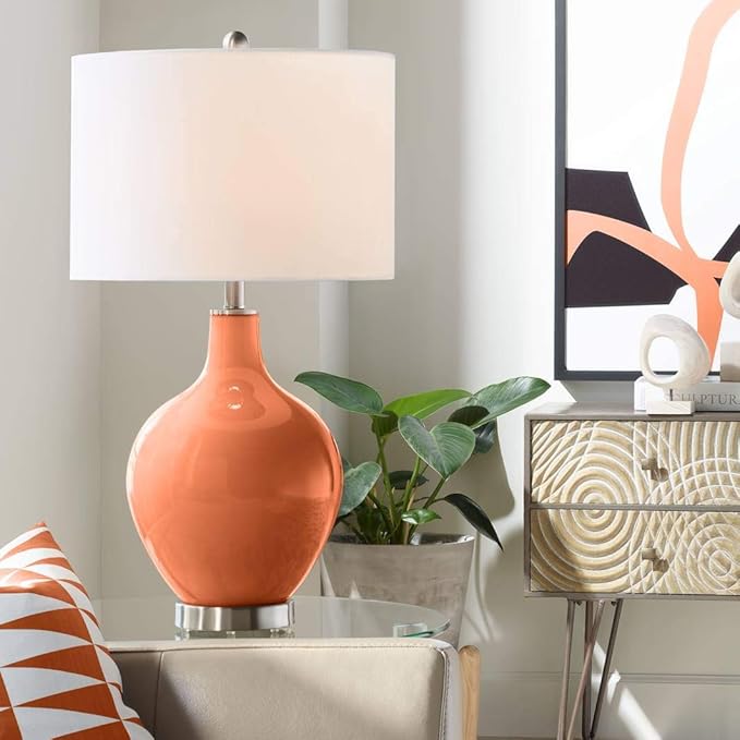 Color + Plus OVO 28 1/2" Tall Modern End Table Lamp Robust Orange Brushed Nickel Finish Glass Single Linen White Shade Living Room Bedroom Bedside Nightstand House Office Home Reading Kitchen