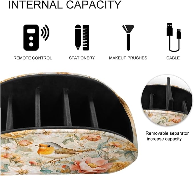 Vintage Bird Flower Print TV Remote Holder with 5 Compartments, Office Desk Organizers - Vanity Organizers/Nightstand Accessory,Storage for Jewelry/Cosmetic Brushs/Pens Yellow
