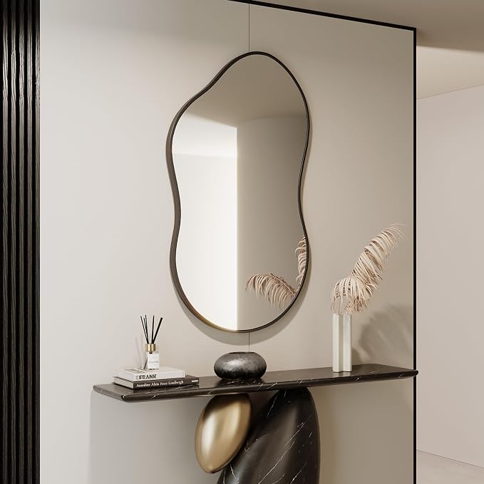 Irregular Wall Mirror - 26''×46'' Asymmetrical Decorative Tempered Glass Aluminum Alloy Framed Mirrors Cloud Mirror Wavy Mirrors for Bathroom, Bedroom, Living Room, Entryway（Black）
