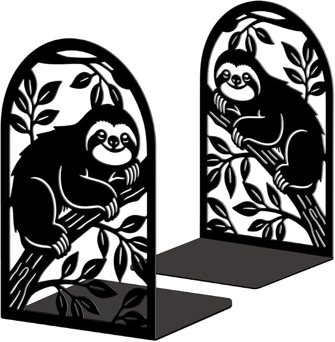 Peacoblue Metal Bookends for Shelves, Modern Decorative Heavy Duty Study Book Ends Stoppers for Office Desk Shelf, Room 5.3"x4.3"x7.9" Cast Iron Tall Bookends 1 Pair (Sloth on Tree Leaf)