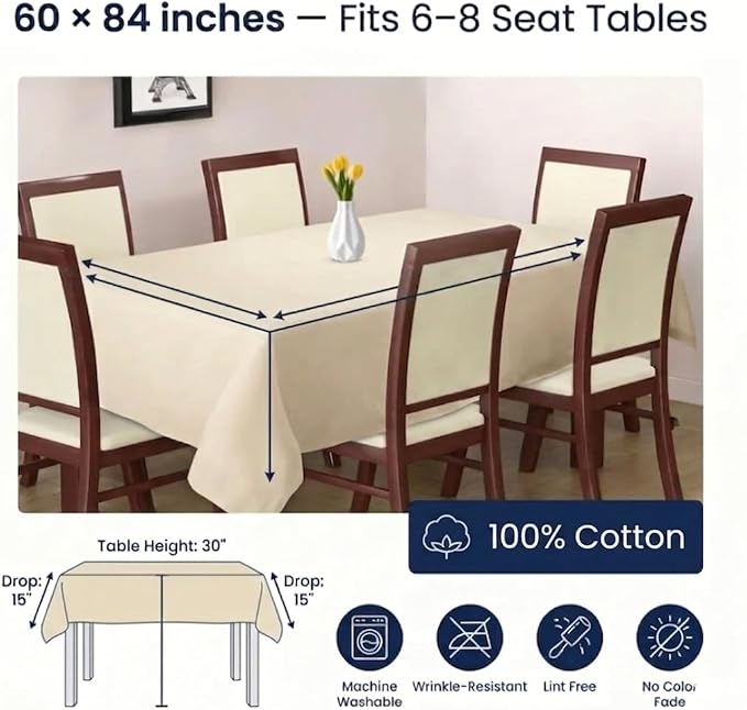 Urban Villa Table Cloth White Kitchen Dining Tabletop Cover 100% Cotton 60x84 Inches Rectangle Tablecloth Washable Reusable Durable Ideal for Hotel Restaurant Farmhouse Wedding Holiday Dinner Parties