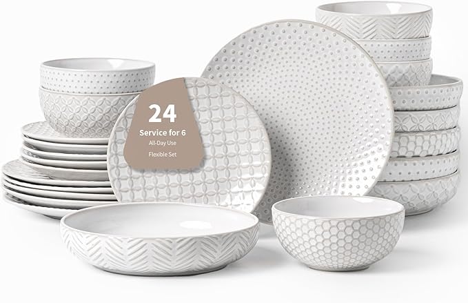 FOBENTA 24-Piece Ceramic Dinnerware Set,Large Plates and Bowls Set for 6,Elegant Dish Set for Families & Entertaining–Microwave & Dishwasher Safe Tableware (Double Bowl)