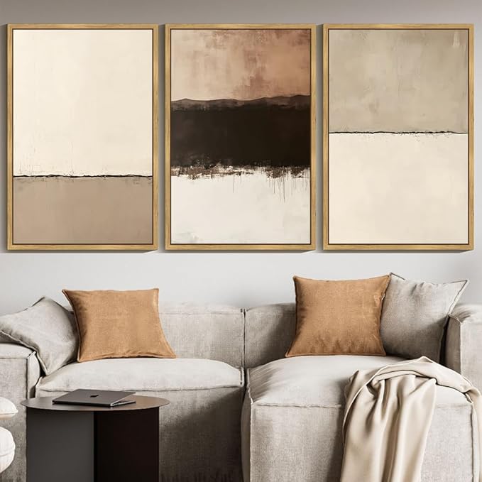 PHOPAGO Neutral Abstract Framed Wall Art Large 24x36in Minimalist Beige Gray Pastel Wall Decor Modern Watercolor Art Paints for Bedroom Dining Room - Natural Framed