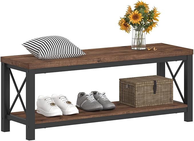 BON AUGURE Entryway Bench with Storage, 2 Tier Wood Metal Shoe Bench, Storage Benches for Bedroom, Entrance, Hallway, Mudroom, Indoor (47 inch Wide, Rustic Oak)