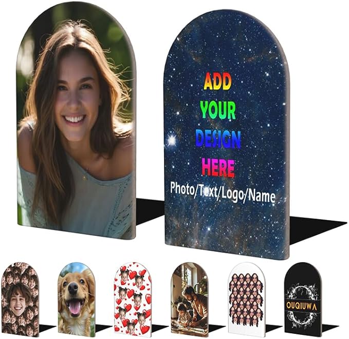 Ouqiuwa Custom Personalized Photo Wood Book Ends L-Shaped for Shelf Holders 2 Pcs, Pictures Text Logo Customizable Book Organizers 4.2 * 6.7 in Decorative for Home Office Library