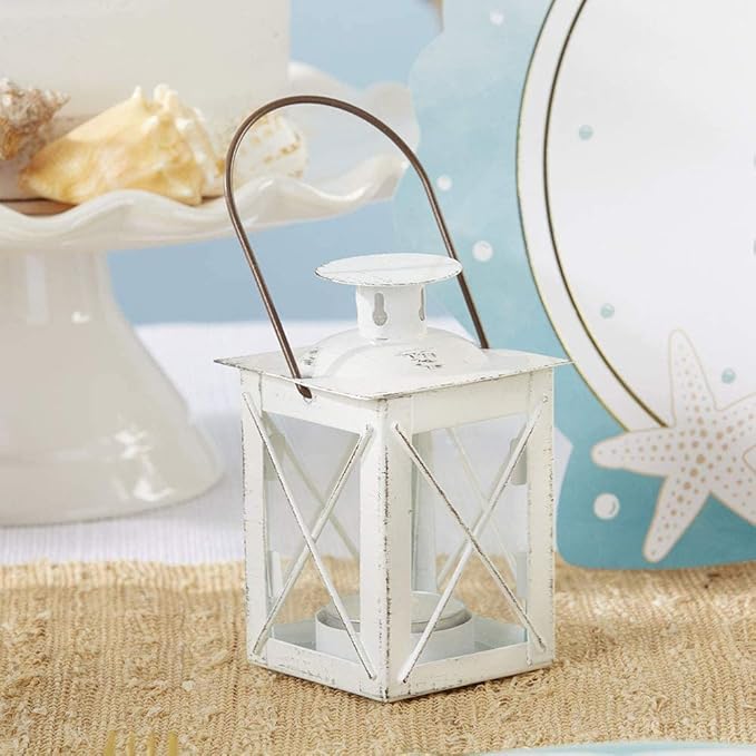 Kate Aspen Rustic Shelf Decor Luminous Vintage Tea Light Votive Candle Holders Metal Mini Decorative Lantern, Distressed White (Pack of 2)