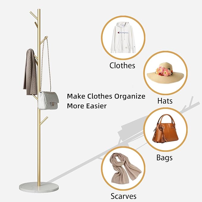 Gold Coat Rack Freestanding, Metal Coat Tree with Marble Base, Coat Rack Stand with 8 Hooks, Entryway Coat Stand for Hanging Clothes, Hats, Bags