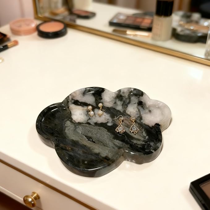 Natural Marble Tray Cloud Shape Vanity Trays, Jewelry Trays Holder Dish for Bathroom Countertop Home Decor Gift Dark Green