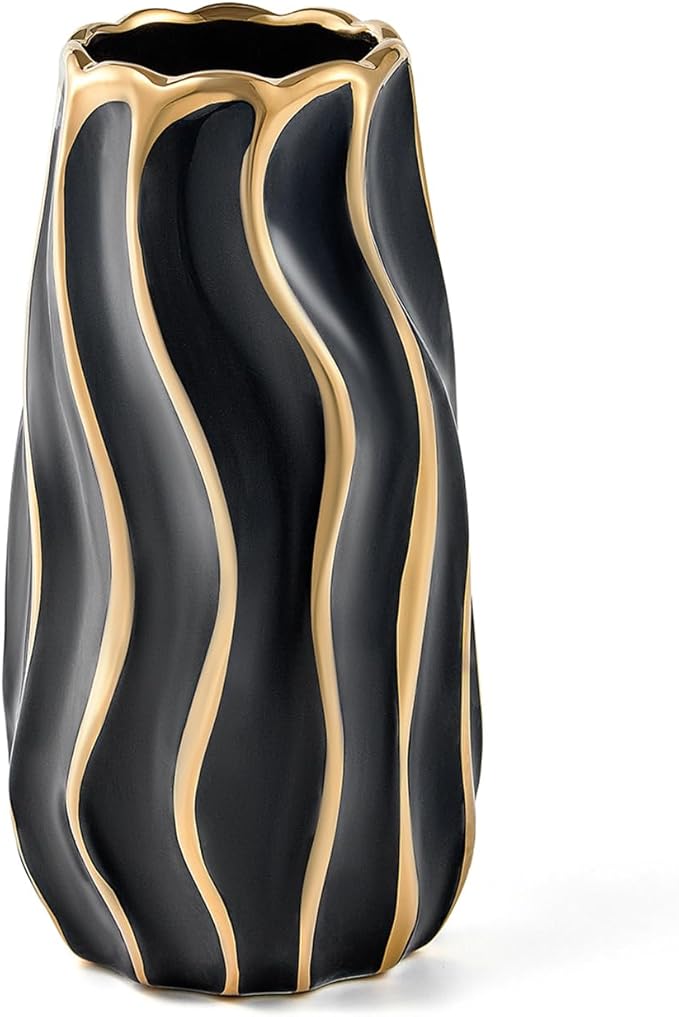 Black Ceramic Vase for Home Decor, Vertical Stripe Decorative Flower Vase for Bedroom, Office, Living Room, Bathroom, Tabletop Decor