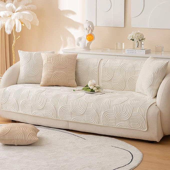 Soft Plush Geometric Quilted Couch Sofa Cover Boho Non Slip Fuzzy Sectional Couch Cover Solid Color Washable Sofa Slipcover Furniture Protector for Kids Dogs Cats (Ivory,36"x47")