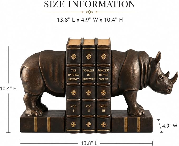 Comfy Hour 10.4 inches Height, Bronze Rhino Antique Vintage Figurine Style Bookends, Rustic Animal Statue Home Decor, Heavy Duty Book Stoppers Pair