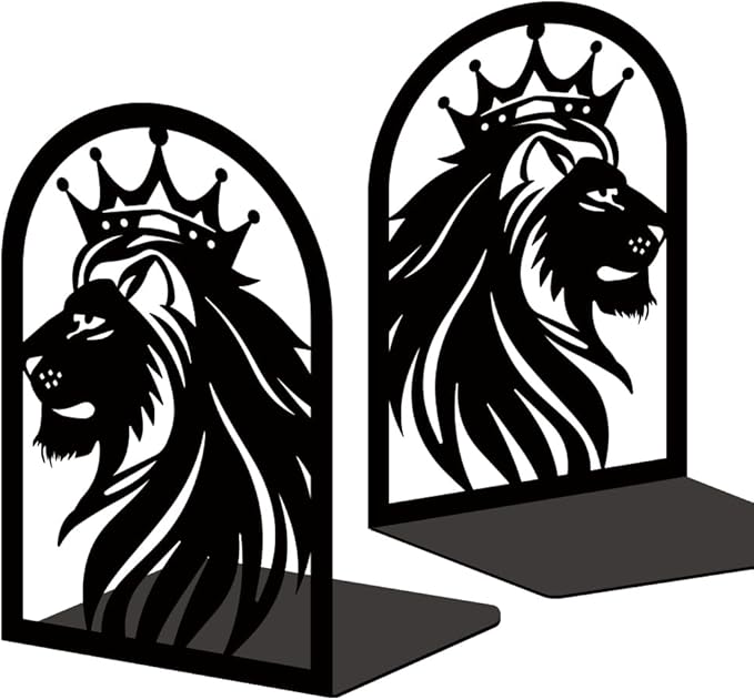 INFUNLY 1 Pair Metal Book Ends for Shelves Crown Lion Non-Skid Bookshelf Holder Stand Black Book Stopper Support for Desktop 7.1x4.7x3.5 for Home Office Library School Kitchen Decor