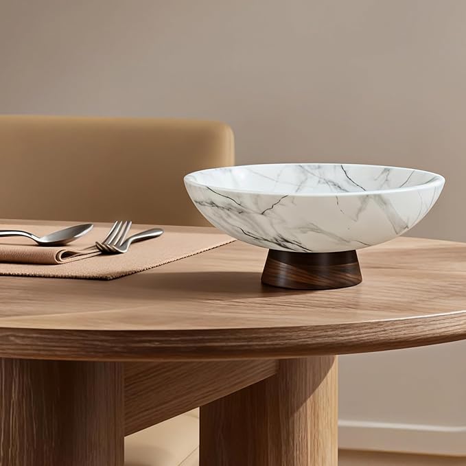 White Marble Texture Decorative Bowl with Acacia Wood Base – 11" Modern Pedestal Fruit Bowl for Table Centerpiece, Entryway or Kitchen Décor