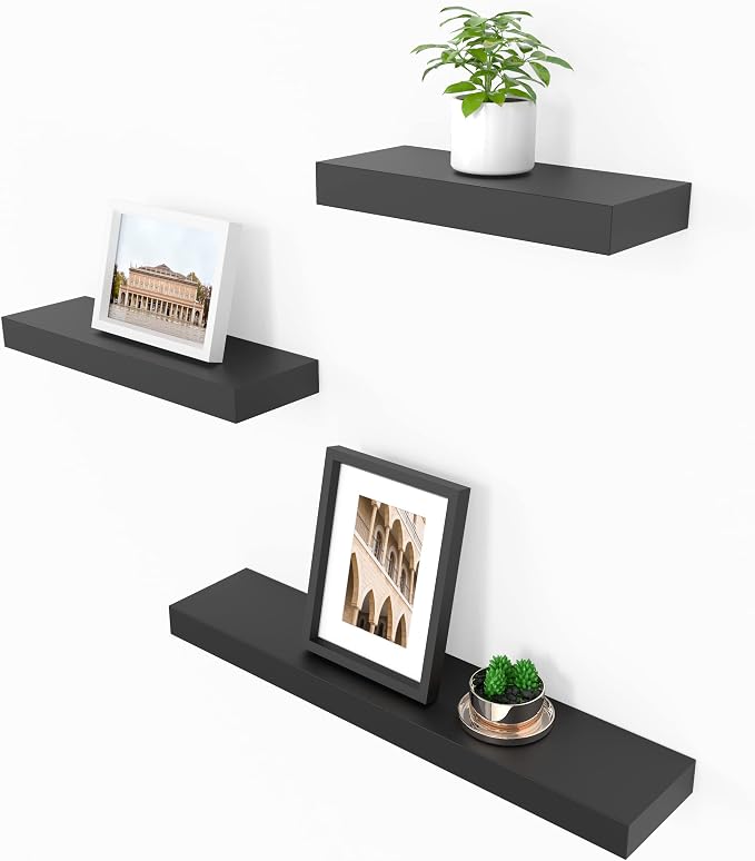 Ballucci Modern Floating Wall Shelves, Set of 3 Wood Wall Mount Ledges for Living Room, Bedroom, Nursery, Bathroom, Kitchen, Office; 12", 16", 24" - Black