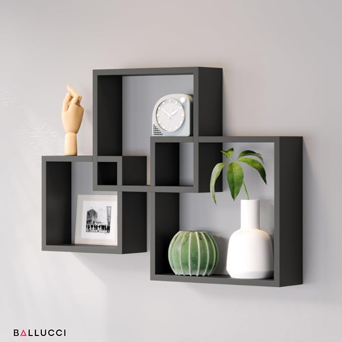 Ballucci Modern Interlocking Cube Floating Shelves, Wall Mount Wood Square Shelves for Living Room, Bedroom, Bathroom, Easy to Install Wall Decor Box Shelves, Black