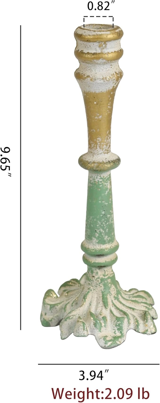 Set of 2 Vintage Distressed Candle Holders, French Country Style Green & Gold Pillar Candle Stands, Rustic Farmhouse Taper Candle Holders for Wedding, Dining Table, Mantel, Home Decor