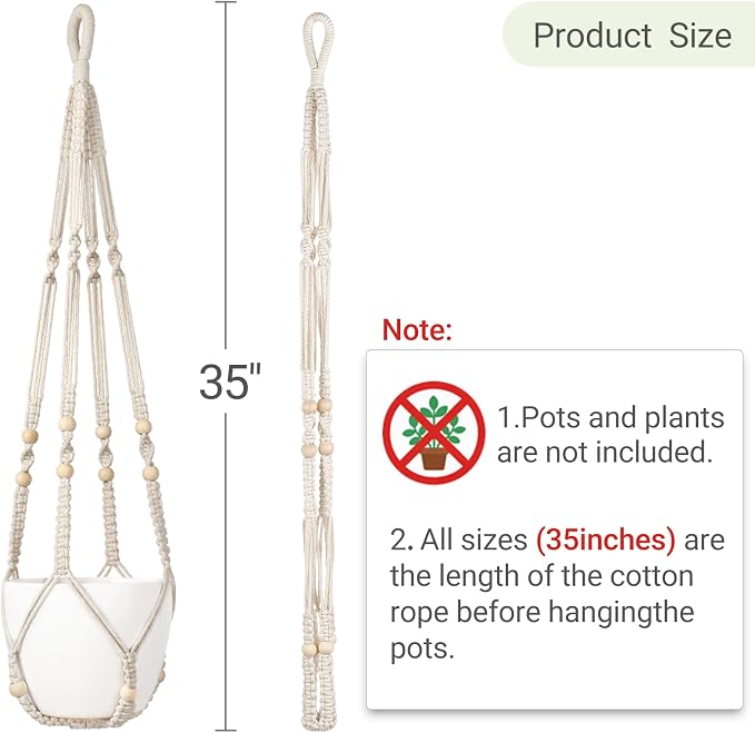 Dahey Macrame Plant Hanger Set of 2 Indoor Outdoor Hanging Planter with Wood Beads Decorative and 2 Hooks Flower Pot Plant Holder No Tassels for Boho Home Decor, 35 Inch, Ivory(Pots Not Included)