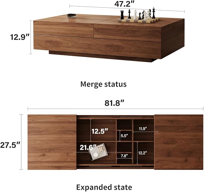 Mid-Century Modern Expandable Coffee Table, 47.2"-81.8" Adjustable Walnut Center Table with Large Hidden Storage for Living Room