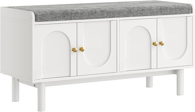 Shoe Storage Bench Set of 2, 2-Tier Entryway Bench with Cushion, 15" D x 39.4" W x 19.7" H, Shoe Cabinet Bench with 4 Doors and Adjustable Shelves, for Entryway, Hallway, Bedroom, White