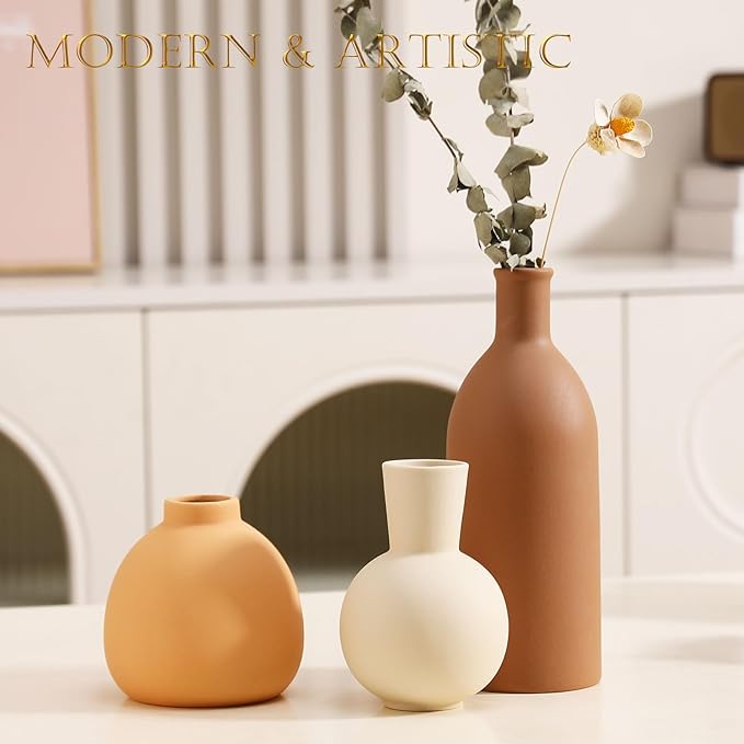 Joeabor Ceramic Vase Set of 3 - Handcrafted Ceramic Vases for Home Decor & Shelf - Modern Farmhouse Decor for Kitchen, Office, Bedroom & Living Room Decorative Objects for Mantel, Table Centerpieces