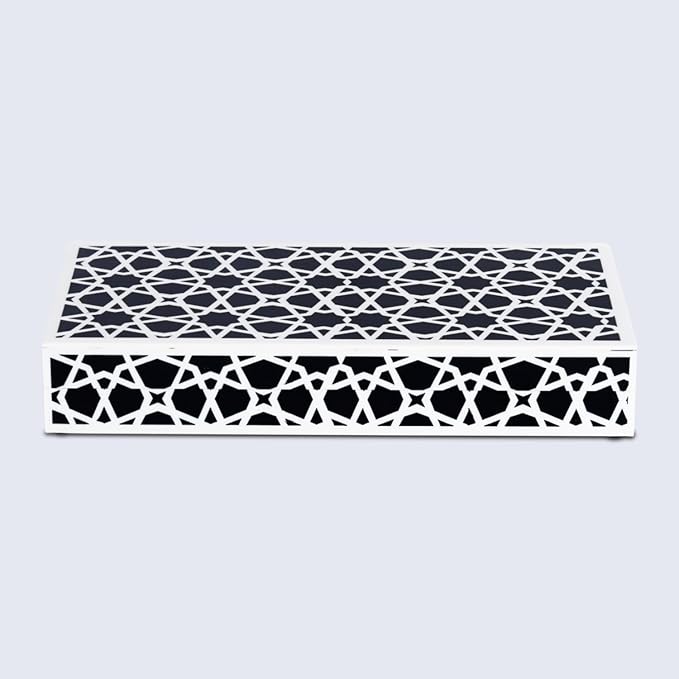 Handicrafts Home Large Decorative Storage Box with Lid, Black and White Moroccan Zellij Coffee Table Storage Box, Remote Control Holder, Keepsake Box for Living Room & Shelf Decor, Zellij 12 x 6 x 2