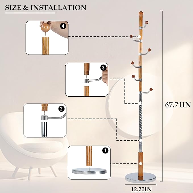 Wood Coat Rack Freestanding, Natural Coats Tree Stand with 14 Hooks, 73" Sturdy and Easy Assembly Coat Rack Stand for Entryway, Hallway, Bedroom, Bags, Hats (Metal Disc Base, Walnut Swivel Hook)