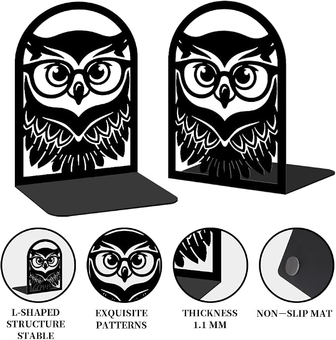2 Pieces Book Ends for Shelves, Cute Owl Metal Bookends, Decorative Art Book Organizer, Non-Skid Book Ends for Heavy Books, Books Stoppers Ideal Gift for Book Lovers 4.7"x3.5"x7" (Owl)