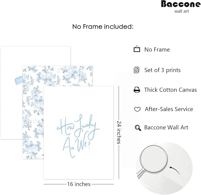 Baccone Blue Bow Wall Art Floral Canvas Wall Decor Coquette Flower Wall Art Trendy Aesthetic Poster Girly Preppy Pictures Blue Floral Prints for Living Room Bathroom 16x24 Inch Unframed Set of 3