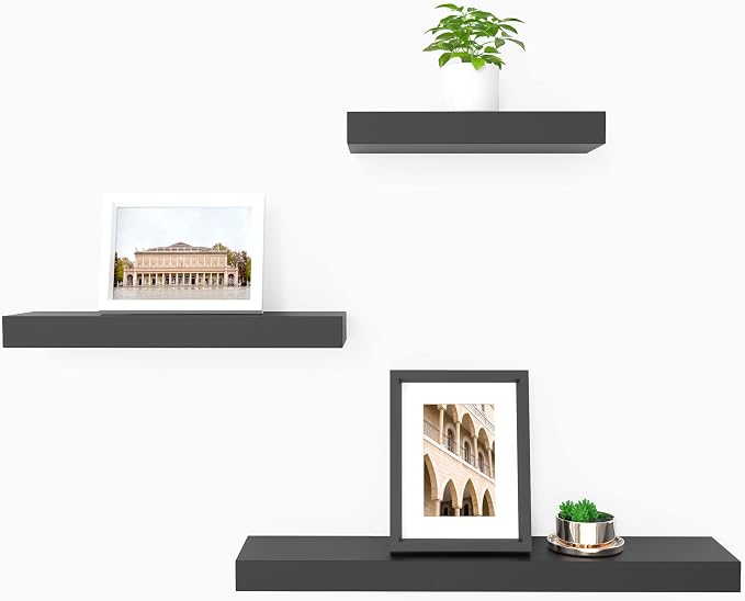 Ballucci Modern Floating Wall Shelves, Set of 3 Wood Wall Mount Ledges for Living Room, Bedroom, Nursery, Bathroom, Kitchen, Office; 12", 16", 24" - Black