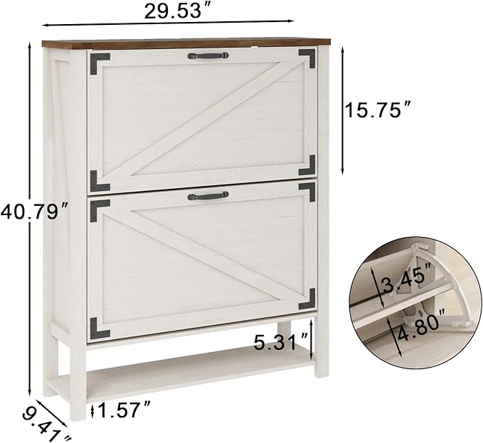 Halitaa Shoe Cabinet with 2 Flip Drawers, 5 Tier Farmhouse Shoe Storage Cabinet for Entryway, Narrow Slim Shoe Cabinet, Rustic White Freestanding Hidden Wooden Shoe Rack Cabinets