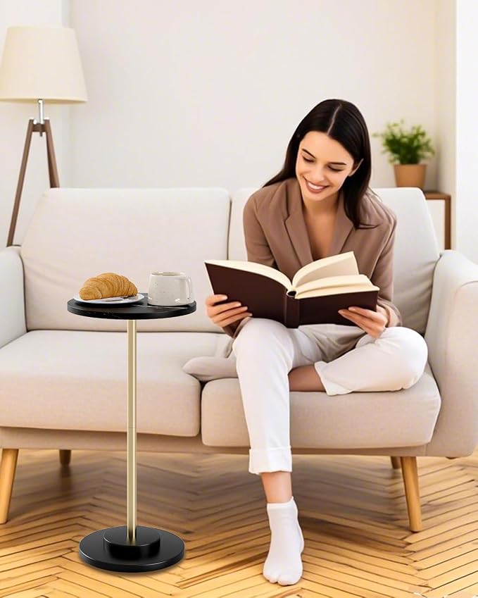 Round Side Table, Small Drink Table for Small Spaces, Modern Accent End Table with Metal Leg for Living Room, Bedroom, Corners, and Office (Black Marble)